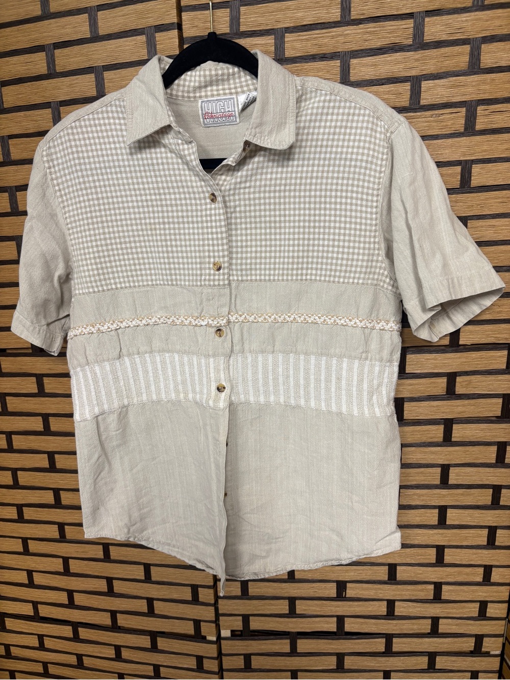 High advantage tan and white button down shirt size small